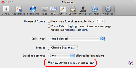 Check 'Show Develop Menu' in Safari Advanced Preferences